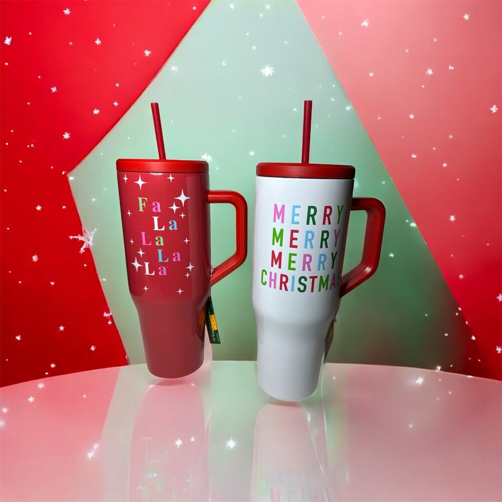 2- New 40 oz Stainless Steel Tumblers Christmas Cups Fa La La La Merry Christmas